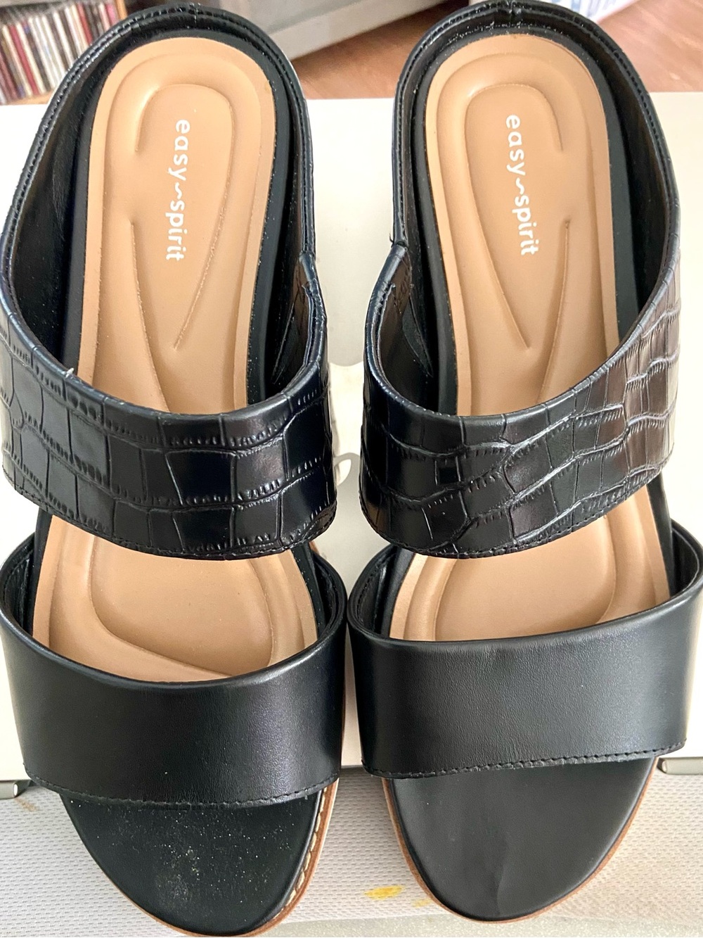 Easy Spirit Black Croc-Embossed Slide Mules